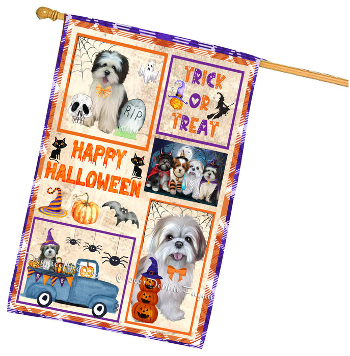 Happy Halloween Trick or Treat Lhasa Apso Dogs House Flag Outdoor Decorative Double Sided Pet Portrait Weather Resistant Premium Quality Animal Printed Home Decorative Flags 100% Polyester