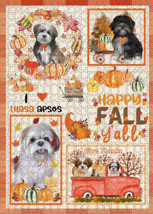 Happy Fall Y'all Pumpkin Lhasa Apso Dogs Portrait Jigsaw Puzzle for Adults Animal Interlocking Puzzle Game Unique Gift for Dog Lover's with Metal Tin Box