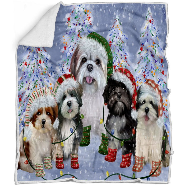 Christmas Lights and Lhasa Apso Dogs Blanket - Lightweight Soft Cozy and Durable Bed Blanket - Animal Theme Fuzzy Blanket for Sofa Couch