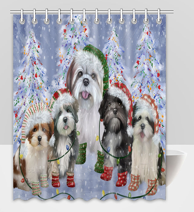 Christmas Lights and Lhasa Apso Dogs Shower Curtain Pet Painting Bathtub Curtain Waterproof Polyester One-Side Printing Decor Bath Tub Curtain for Bathroom with Hooks