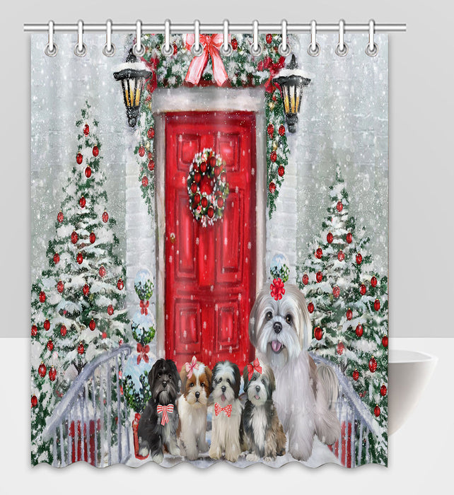 Christmas Holiday Welcome Lhasa Apso Dogs Shower Curtain Pet Painting Bathtub Curtain Waterproof Polyester One-Side Printing Decor Bath Tub Curtain for Bathroom with Hooks