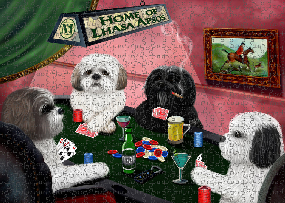 Home of Poker Playing Lhasa Apso Dogs Portrait Jigsaw Puzzle for Adults Animal Interlocking Puzzle Game Unique Gift for Dog Lover's with Metal Tin Box