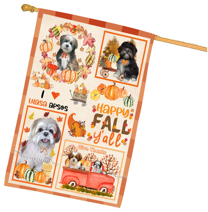 Happy Fall Y'all Pumpkin Lhasa Apso Dogs House Flag Outdoor Decorative Double Sided Pet Portrait Weather Resistant Premium Quality Animal Printed Home Decorative Flags 100% Polyester