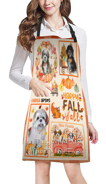 Happy Fall Y'all Pumpkin Lhasa Apso Dogs Cooking Kitchen Adjustable Apron Apron49225