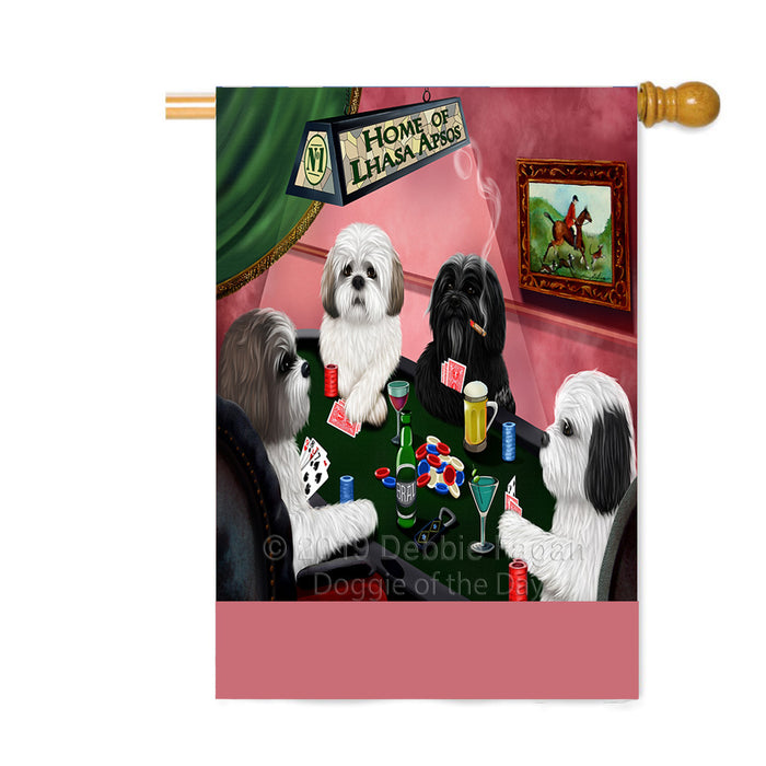 Personalized Home of Lhasa Apso Dogs Four Dogs Playing Poker Custom House Flag FLG-DOTD-A60337