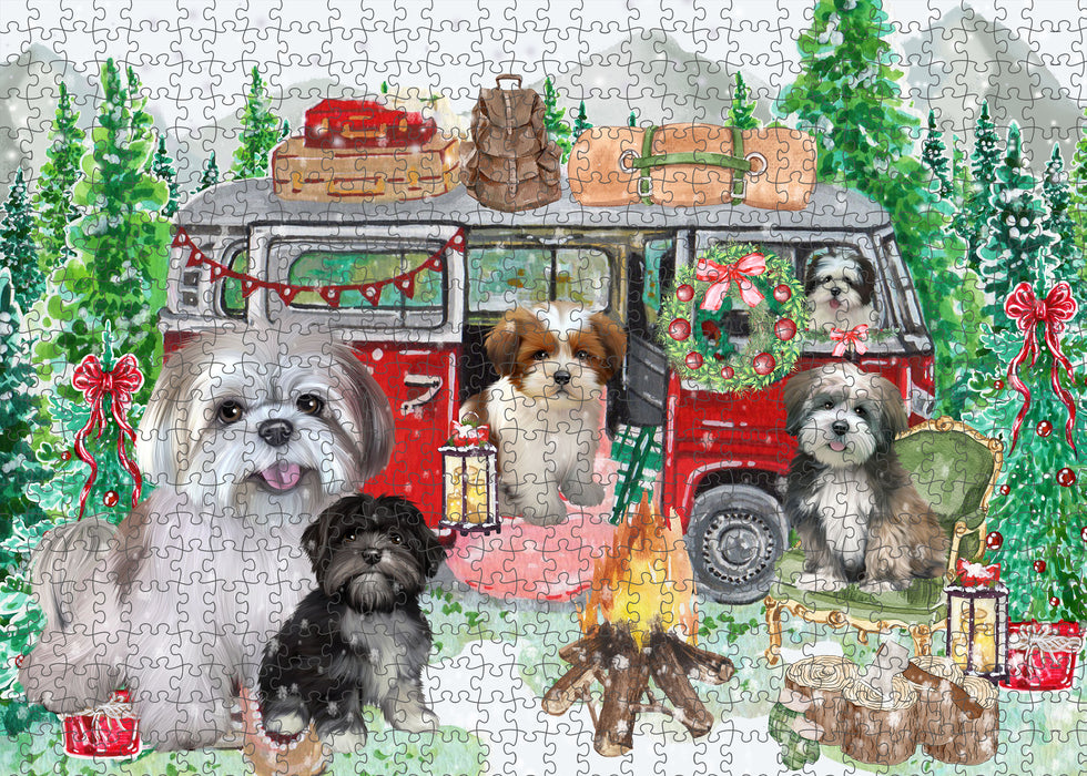 Christmas Time Camping with Lhasa Apso Dogs Portrait Jigsaw Puzzle for Adults Animal Interlocking Puzzle Game Unique Gift for Dog Lover's with Metal Tin Box