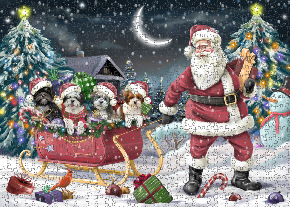 Christmas Santa Sled Lhasa Apso Dogs Portrait Jigsaw Puzzle for Adults Animal Interlocking Puzzle Game Unique Gift for Dog Lover's with Metal Tin Box