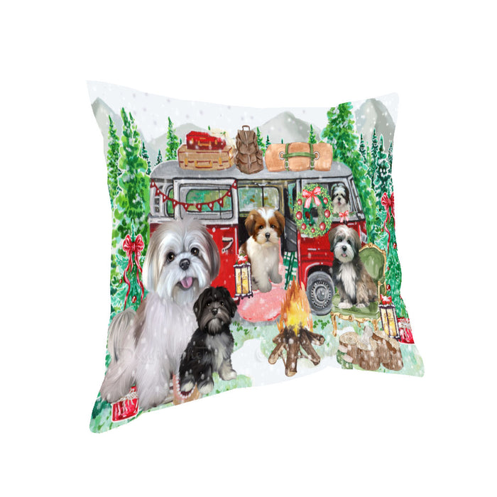 Christmas Time Camping with Lhasa Apso Dogs Pillow with Top Quality High-Resolution Images - Ultra Soft Pet Pillows for Sleeping - Reversible & Comfort - Ideal Gift for Dog Lover - Cushion for Sofa Couch Bed - 100% Polyester
