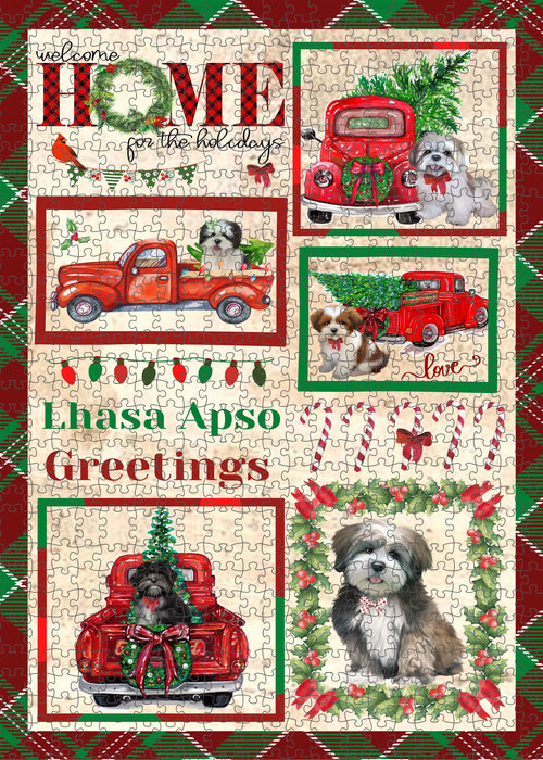 Welcome Home for Christmas Holidays Lhasa Apso Dogs Portrait Jigsaw Puzzle for Adults Animal Interlocking Puzzle Game Unique Gift for Dog Lover's with Metal Tin Box