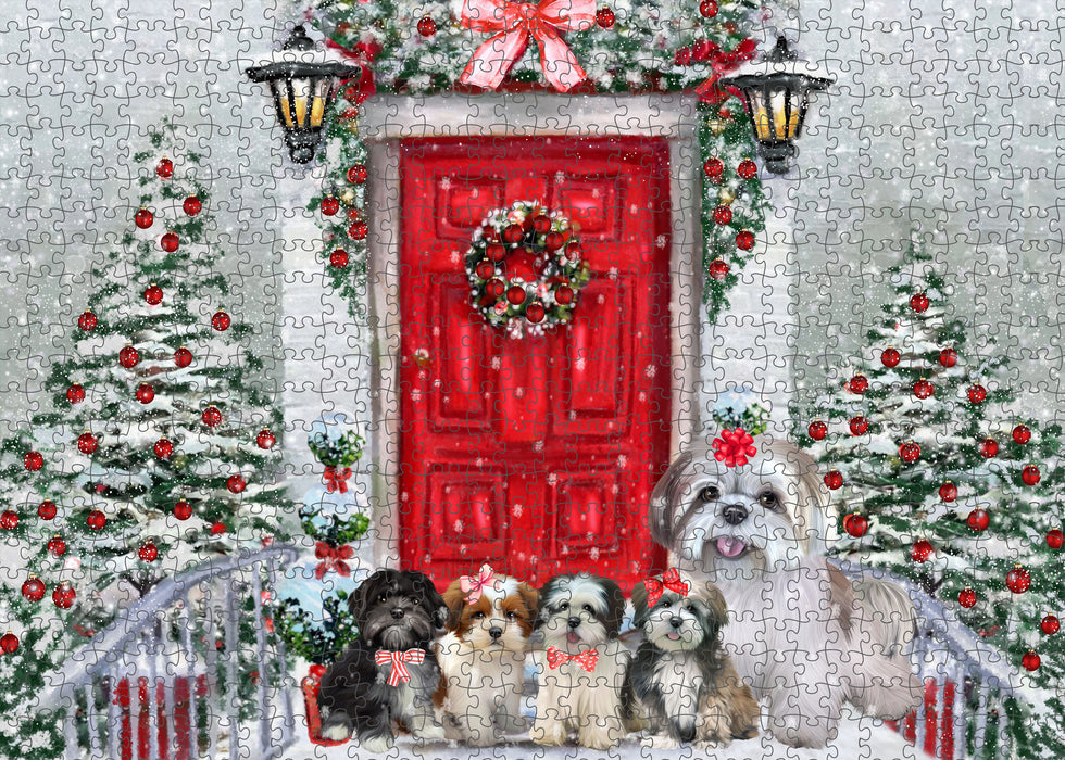Christmas Holiday Welcome Lhasa Apso Dogs Portrait Jigsaw Puzzle for Adults Animal Interlocking Puzzle Game Unique Gift for Dog Lover's with Metal Tin Box