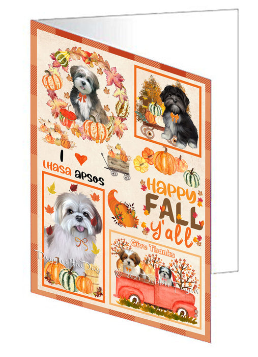 Happy Fall Y'all Pumpkin Lhasa Apso Dogs Handmade Artwork Assorted Pets Greeting Cards and Note Cards with Envelopes for All Occasions and Holiday Seasons GCD77048
