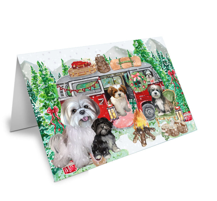 Christmas Time Camping with Lhasa Apso Dogs Handmade Artwork Assorted Pets Greeting Cards and Note Cards with Envelopes for All Occasions and Holiday Seasons
