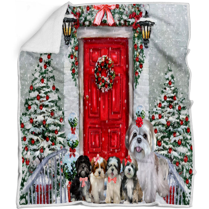 Christmas Holiday Welcome Lhasa Apso Dogs Blanket - Lightweight Soft Cozy and Durable Bed Blanket - Animal Theme Fuzzy Blanket for Sofa Couch