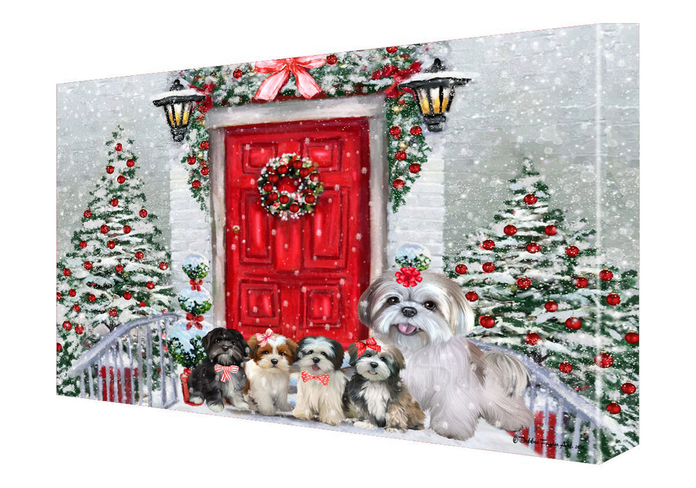 Christmas Holiday Welcome Lhasa Apso Dogs Canvas Wall Art - Premium Quality Ready to Hang Room Decor Wall Art Canvas - Unique Animal Printed Digital Painting for Decoration