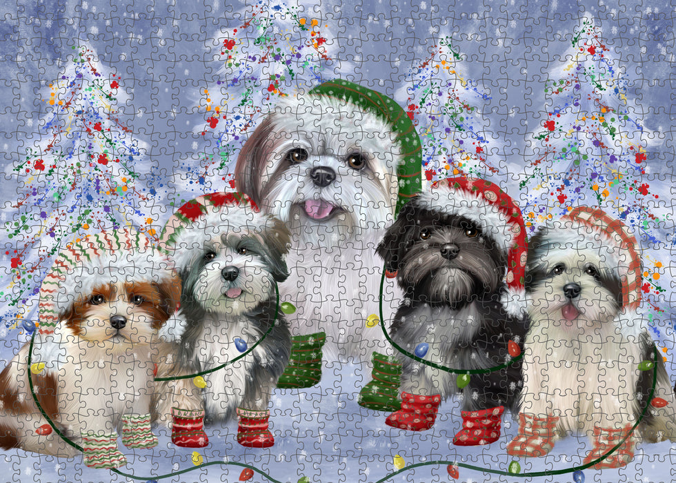 Christmas Lights and Lhasa Apso Dogs Portrait Jigsaw Puzzle for Adults Animal Interlocking Puzzle Game Unique Gift for Dog Lover's with Metal Tin Box