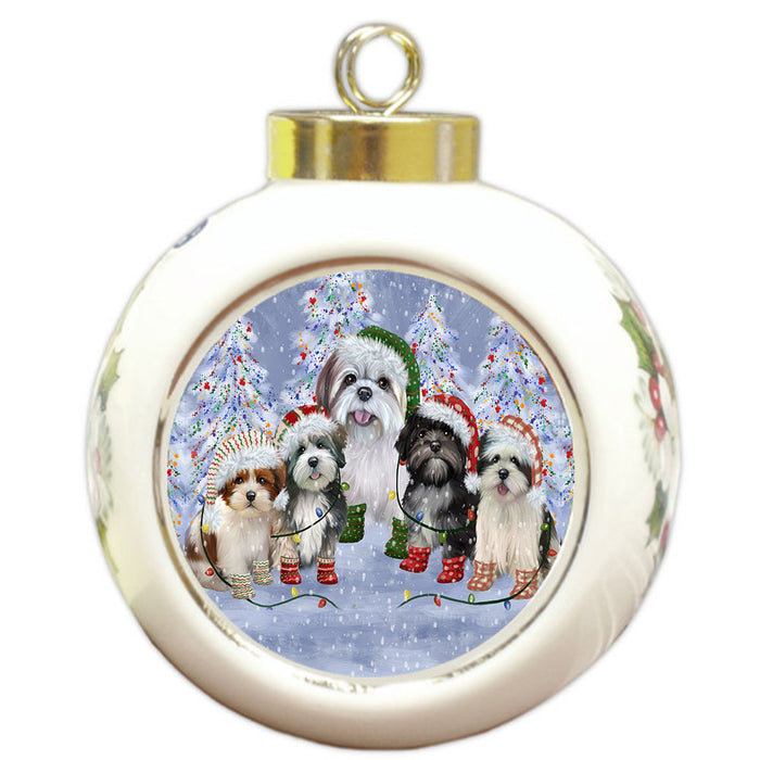 Christmas Lights and Lhasa Apso Dogs Round Ball Christmas Ornament Pet Decorative Hanging Ornaments for Christmas X-mas Tree Decorations - 3" Round Ceramic Ornament