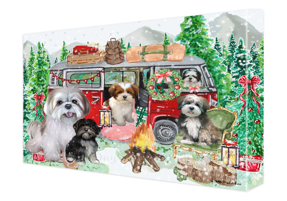 Christmas Time Camping with Lhasa Apso Dogs Canvas Wall Art - Premium Quality Ready to Hang Room Decor Wall Art Canvas - Unique Animal Printed Digital Painting for Decoration