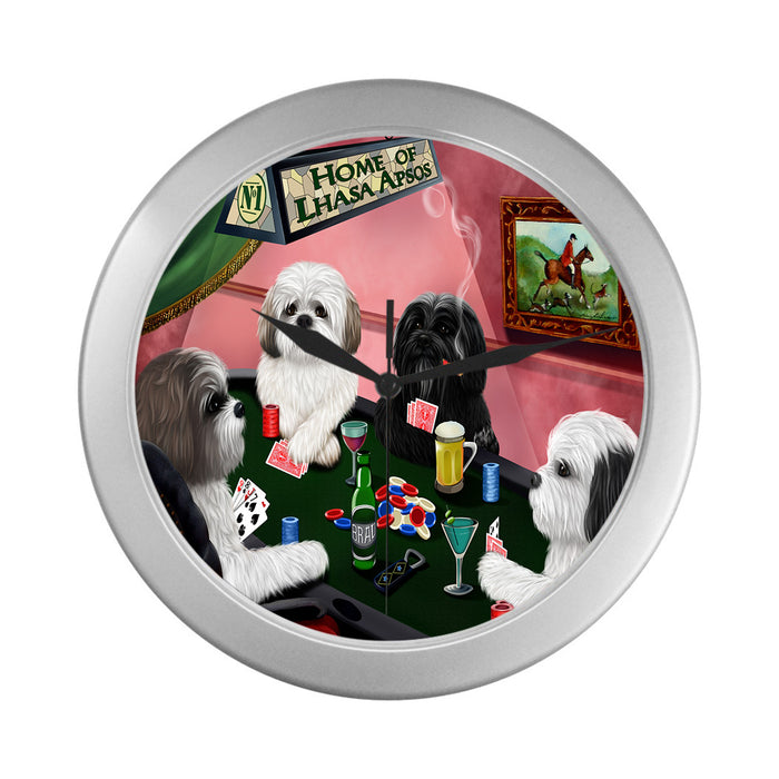 Home of Lhasa Apso Dogs Playing Poker Silver Wall Clocks