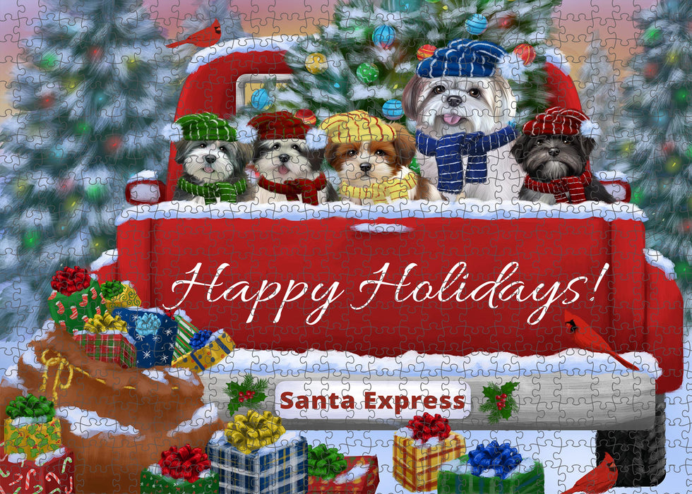 Christmas Red Truck Travlin Home for the Holidays Lhasa Apso Dogs Portrait Jigsaw Puzzle for Adults Animal Interlocking Puzzle Game Unique Gift for Dog Lover's with Metal Tin Box