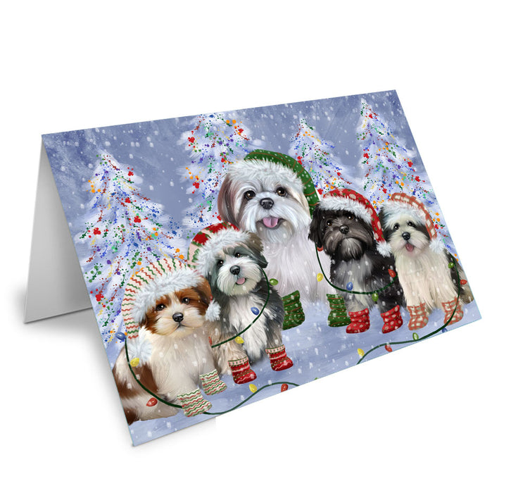 Christmas Lights and Lhasa Apso Dogs Handmade Artwork Assorted Pets Greeting Cards and Note Cards with Envelopes for All Occasions and Holiday Seasons