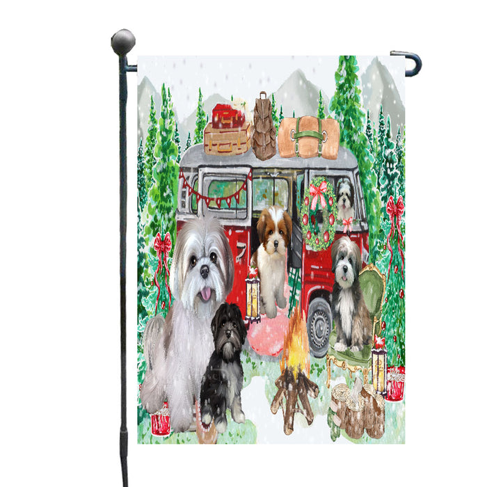 Christmas Time Camping with Lhasa Apso Dogs Garden Flags- Outdoor Double Sided Garden Yard Porch Lawn Spring Decorative Vertical Home Flags 12 1/2"w x 18"h
