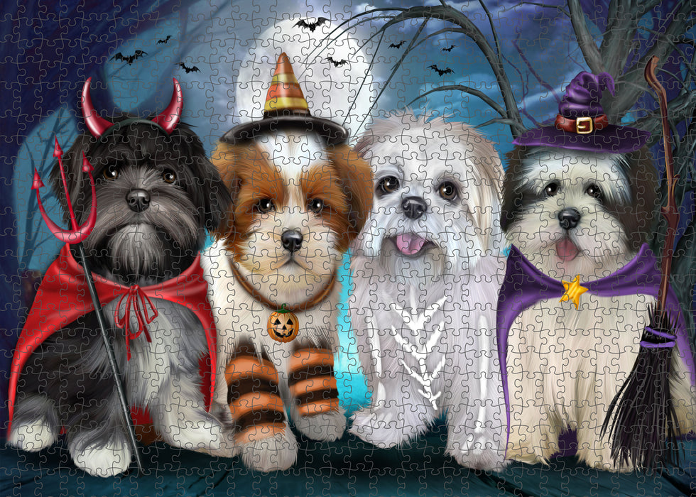 Happy Halloween Trick or Treat Lhasa Apso Dogs Portrait Jigsaw Puzzle for Adults Animal Interlocking Puzzle Game Unique Gift for Dog Lover's with Metal Tin Box