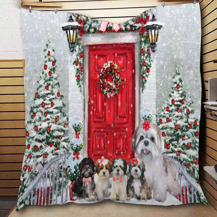 Christmas Holiday Welcome Lhasa Apso Dogs  Quilt Bed Coverlet Bedspread - Pets Comforter Unique One-side Animal Printing - Soft Lightweight Durable Washable Polyester Quilt