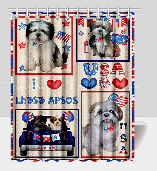 4th of July Independence Day I Love USA Lhasa Apso Dogs Shower Curtain Pet Painting Bathtub Curtain Waterproof Polyester One-Side Printing Decor Bath Tub Curtain for Bathroom with Hooks