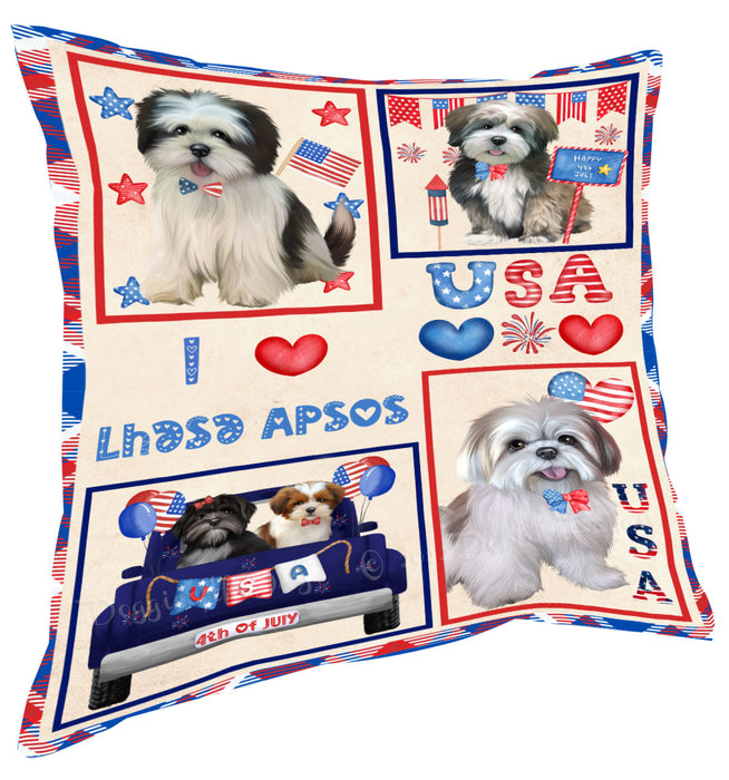 4th of July Independence Day I Love USA Lhasa Apso Dogs Pillow with Top Quality High-Resolution Images - Ultra Soft Pet Pillows for Sleeping - Reversible & Comfort - Ideal Gift for Dog Lover - Cushion for Sofa Couch Bed - 100% Polyester