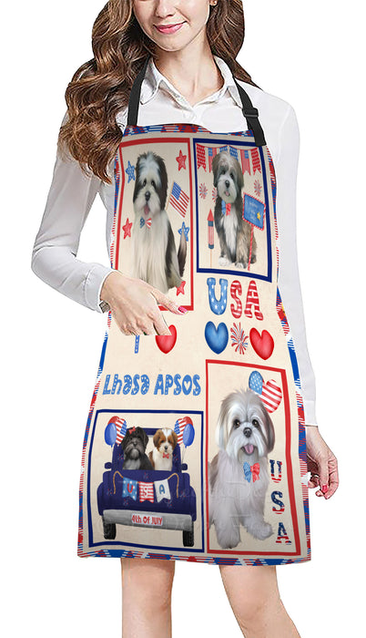 4th of July Independence Day I Love USA Lhasa Apso Dogs Apron - Adjustable Long Neck Bib for Adults - Waterproof Polyester Fabric With 2 Pockets - Chef Apron for Cooking, Dish Washing, Gardening, and Pet Grooming