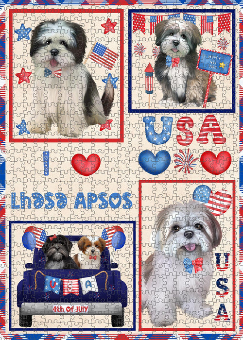4th of July Independence Day I Love USA Lhasa Apso Dogs Portrait Jigsaw Puzzle for Adults Animal Interlocking Puzzle Game Unique Gift for Dog Lover's with Metal Tin Box