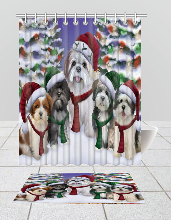 Lhasa Apso Dogs Christmas Family Portrait in Holiday Scenic Background  Bath Mat and Shower Curtain Combo