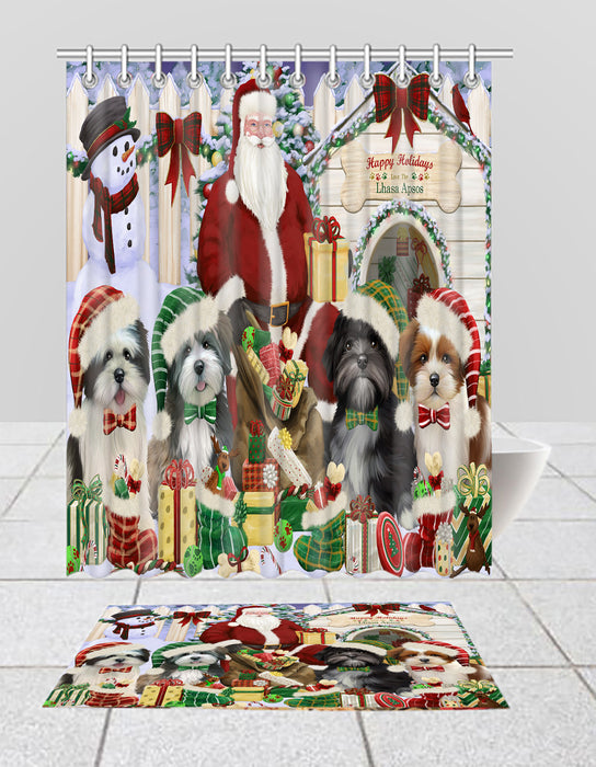 Happy Holidays Christmas Lhasa Apso Dogs House Gathering Bath Mat and Shower Curtain Combo
