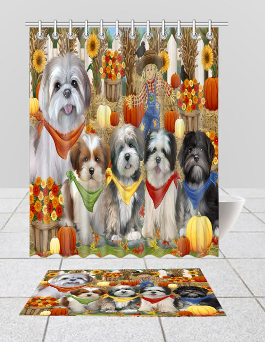 Fall Festive Harvest Time Gathering Lhasa Apso Dogs Bath Mat and Shower Curtain Combo