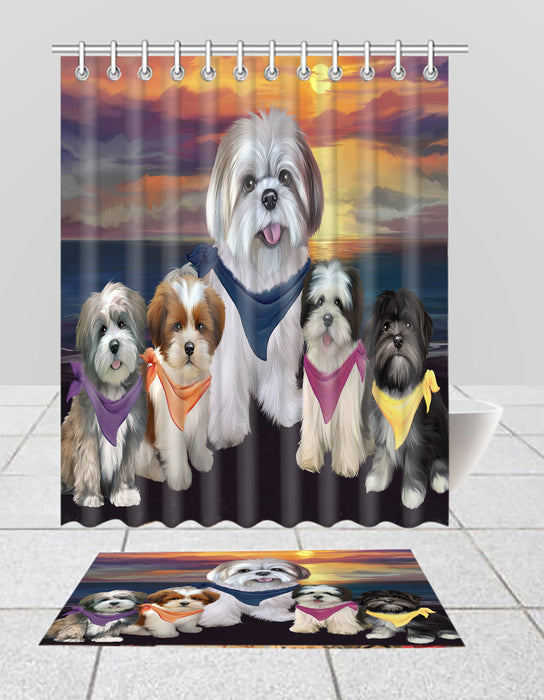 Family Sunset Portrait Lhasa Apso Dogs Bath Mat and Shower Curtain Combo
