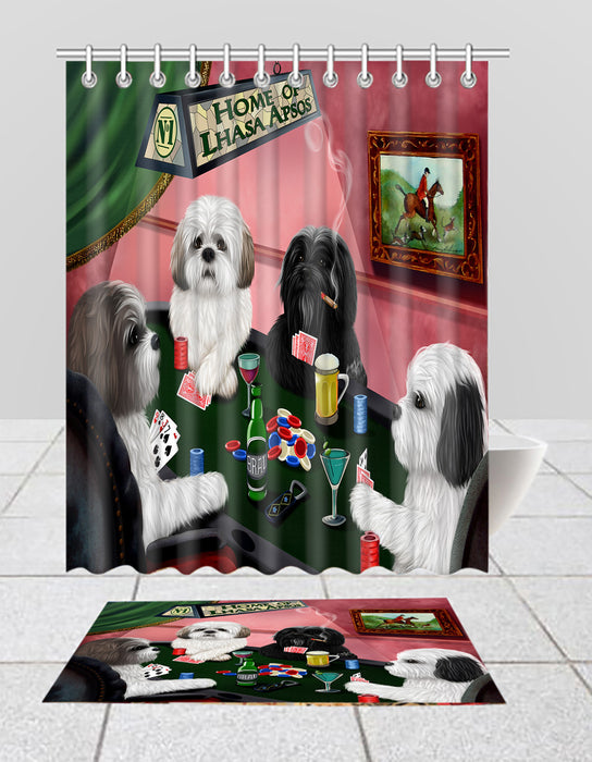 Home of  Lhasa Apso Dogs Playing Poker Bath Mat and Shower Curtain Combo