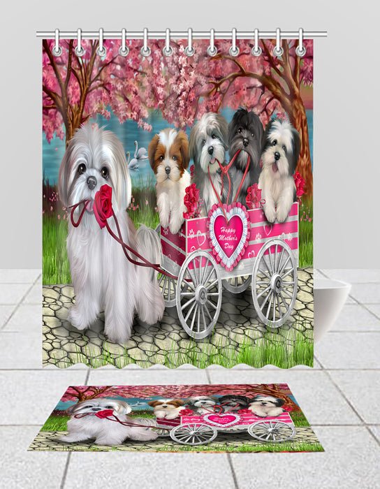 I Love Lhasa Apso Dogs in a Cart Bath Mat and Shower Curtain Combo