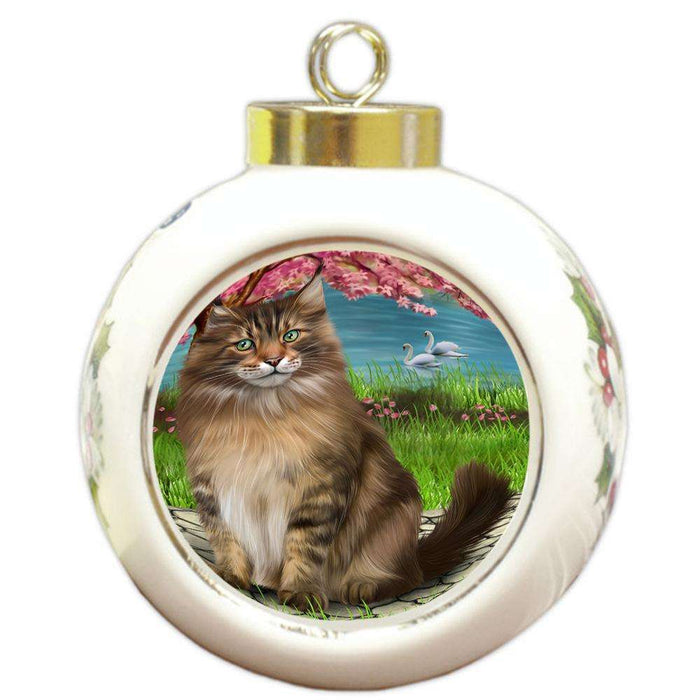 Maine Coon Cat Round Ball Christmas Ornament RBPOR51764