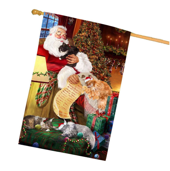 Maine Coon Cats and Kittens Sleeping with Santa House Flag