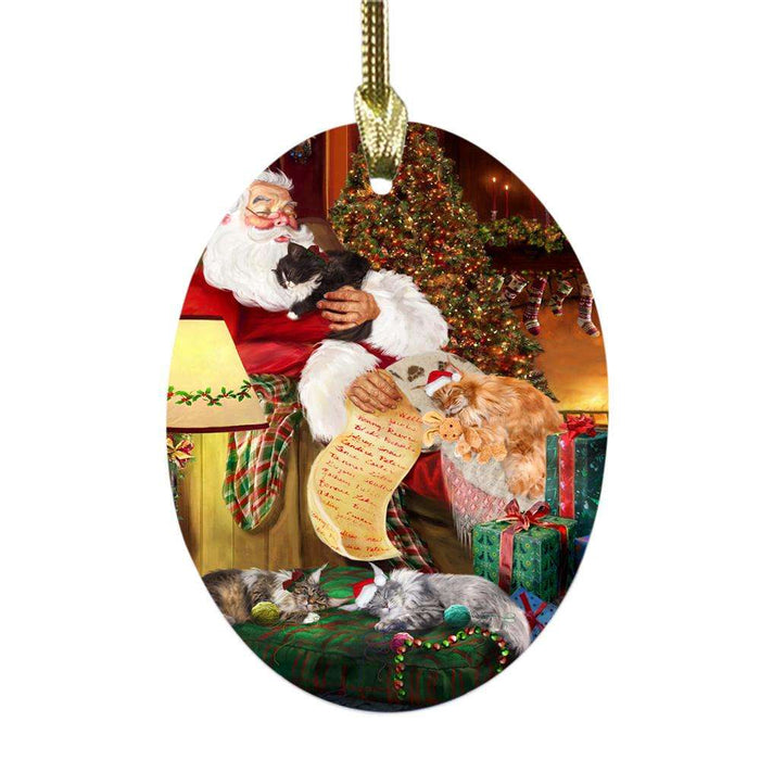 Maine Coon Cats and Kittens Sleeping with Santa Oval Glass Christmas Ornament OGOR49295