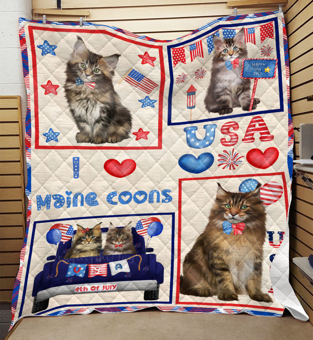 4th of July Independence Day I Love USA Maine Coon Cats Quilt Bed Coverlet Bedspread - Pets Comforter Unique One-side Animal Printing - Soft Lightweight Durable Washable Polyester Quilt