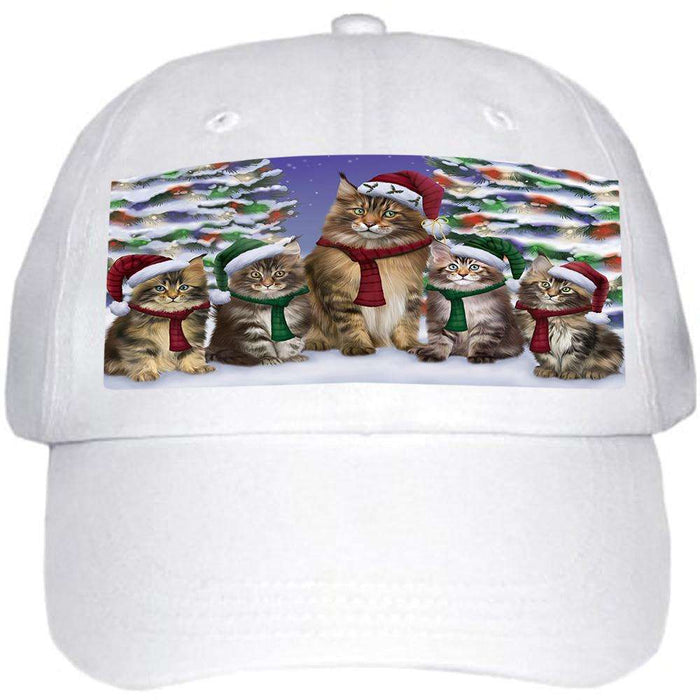 Maine Coons Cat Christmas Family Portrait in Holiday Scenic Background Ball Hat Cap HAT61884