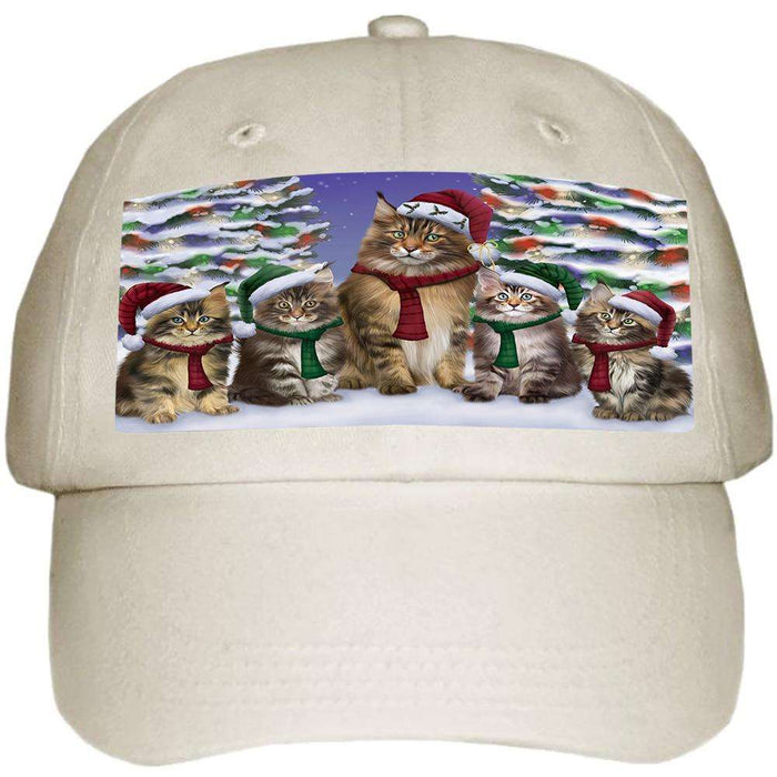 Maine Coons Cat Christmas Family Portrait in Holiday Scenic Background Ball Hat Cap HAT61884