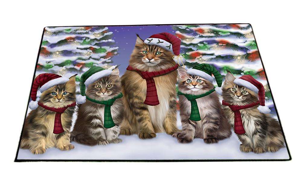 Maine Coons Cat Christmas Family Portrait in Holiday Scenic Background Floormat FLMS51948