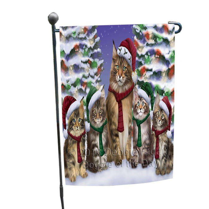 Maine Coons Cat Christmas Family Portrait in Holiday Scenic Background Garden Flag GFLG52662