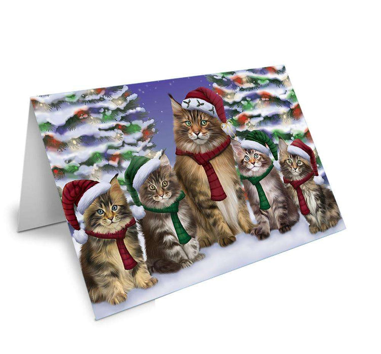 Maine Coons Cat Christmas Family Portrait in Holiday Scenic Background Handmade Artwork Assorted Pets Greeting Cards and Note Cards with Envelopes for All Occasions and Holiday Seasons GCD62180