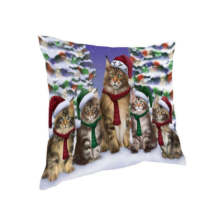 Maine Coons Cat Christmas Family Portrait in Holiday Scenic Background Pillow PIL67024