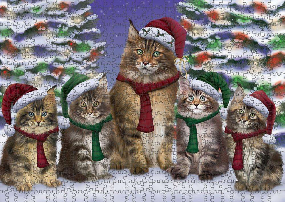 Maine Coons Cat Christmas Family Portrait in Holiday Scenic Background Puzzle with Photo Tin PUZL62082