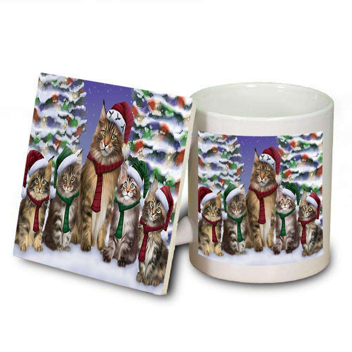 Maine Coons Cat Christmas Family Portrait in Holiday Scenic Background  Mug and Coaster Set MUC52709