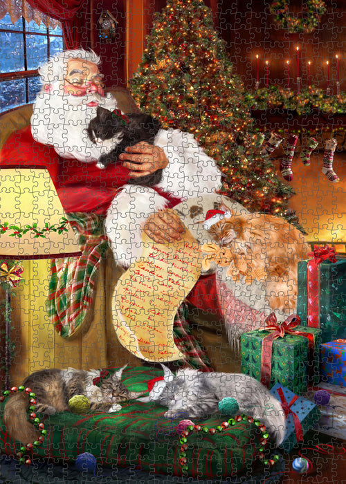 Santa Sleeping with Maine Coon Cats Portrait Jigsaw Puzzle for Adults Animal Interlocking Puzzle Game Unique Gift for Dog Lover's with Metal Tin Box